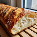 A close-up of a freshly baked Sourdough French Bread loaf, showing a deeply browned, scored crust and an airy, open crumb structure.