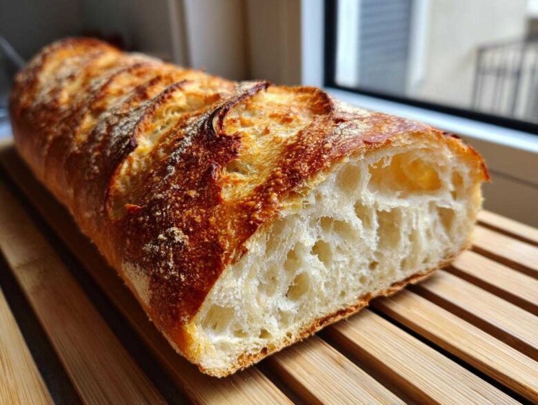 A close-up of a freshly baked Sourdough French Bread loaf, showing a deeply browned, scored crust and an airy, open crumb structure.