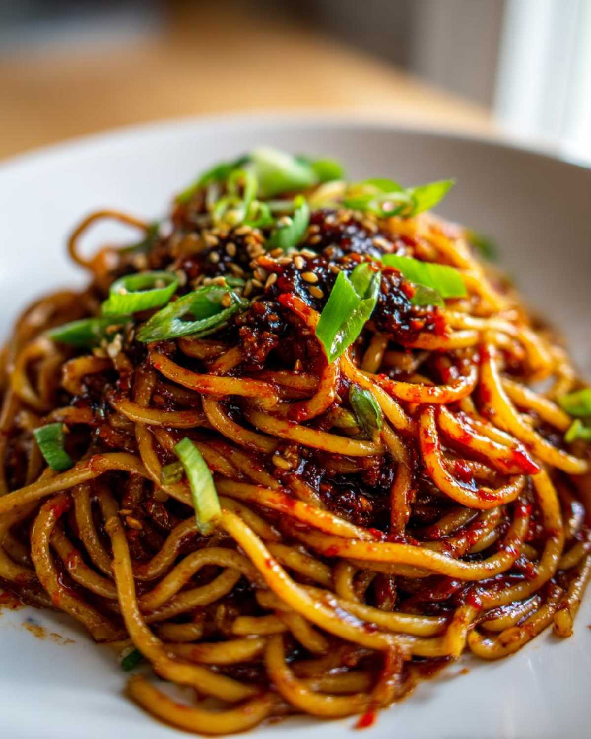 A close-up of glossy, saucy Asian Garlic Noodles topped with chili crisp, sesame seeds, and fresh green onions.