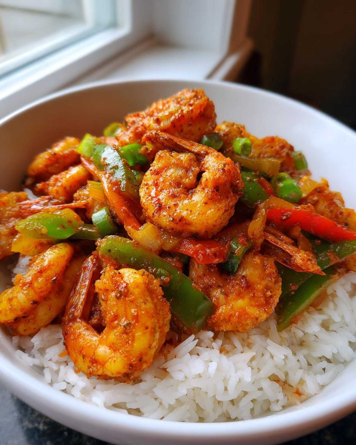 Close-up of a Spicy Cajun Shrimp & Rice Bowl featuring seasoned shrimp, green peppers, and onions over white rice.