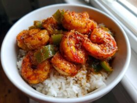 Close-up of a white bowl filled with white rice topped with vibrant, seasoned Spicy Cajun Shrimp and green bell peppers.