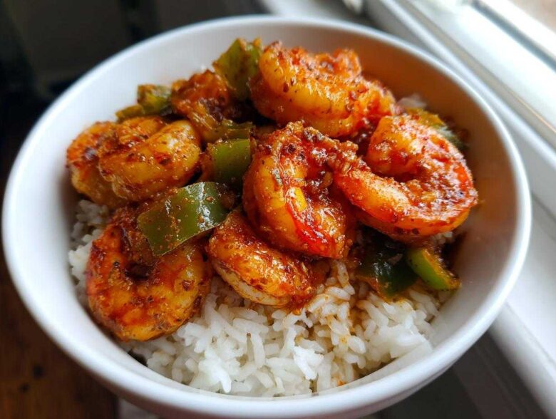 Close-up of a white bowl filled with white rice topped with vibrant, seasoned Spicy Cajun Shrimp and green bell peppers.