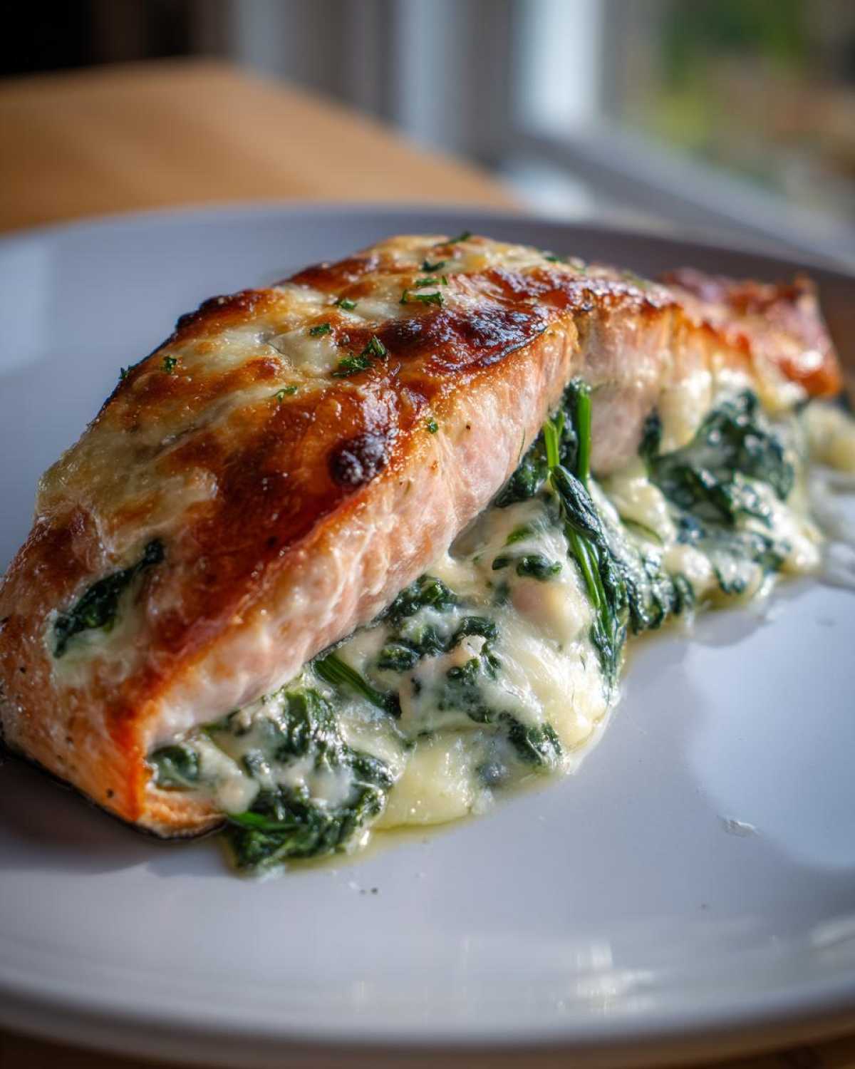 A perfectly cooked fillet of Spinach Stuffed Salmon with a cheesy, browned top, served on a white plate.