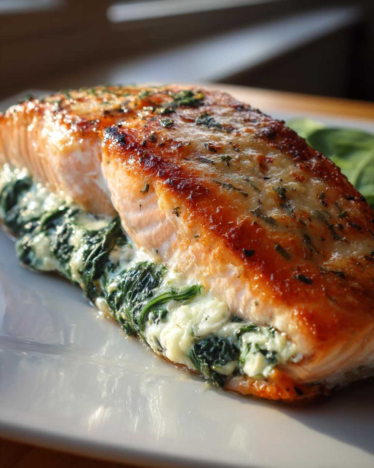 Close-up of a golden-brown Spinach Stuffed Salmon fillet, sliced open to show the creamy spinach filling.