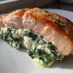 A close-up of a golden-brown, baked Spinach Stuffed Salmon fillet oozing creamy spinach filling on a white plate.