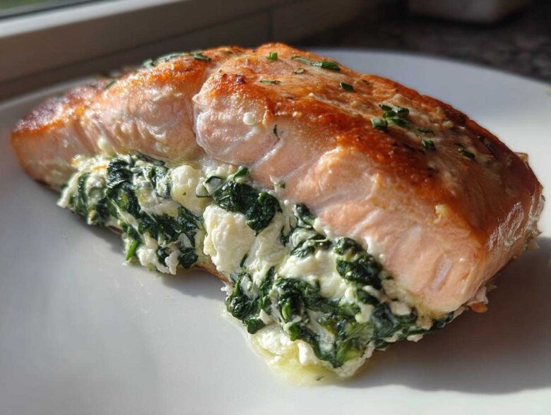 A close-up of a golden-brown, baked Spinach Stuffed Salmon fillet oozing creamy spinach filling on a white plate.