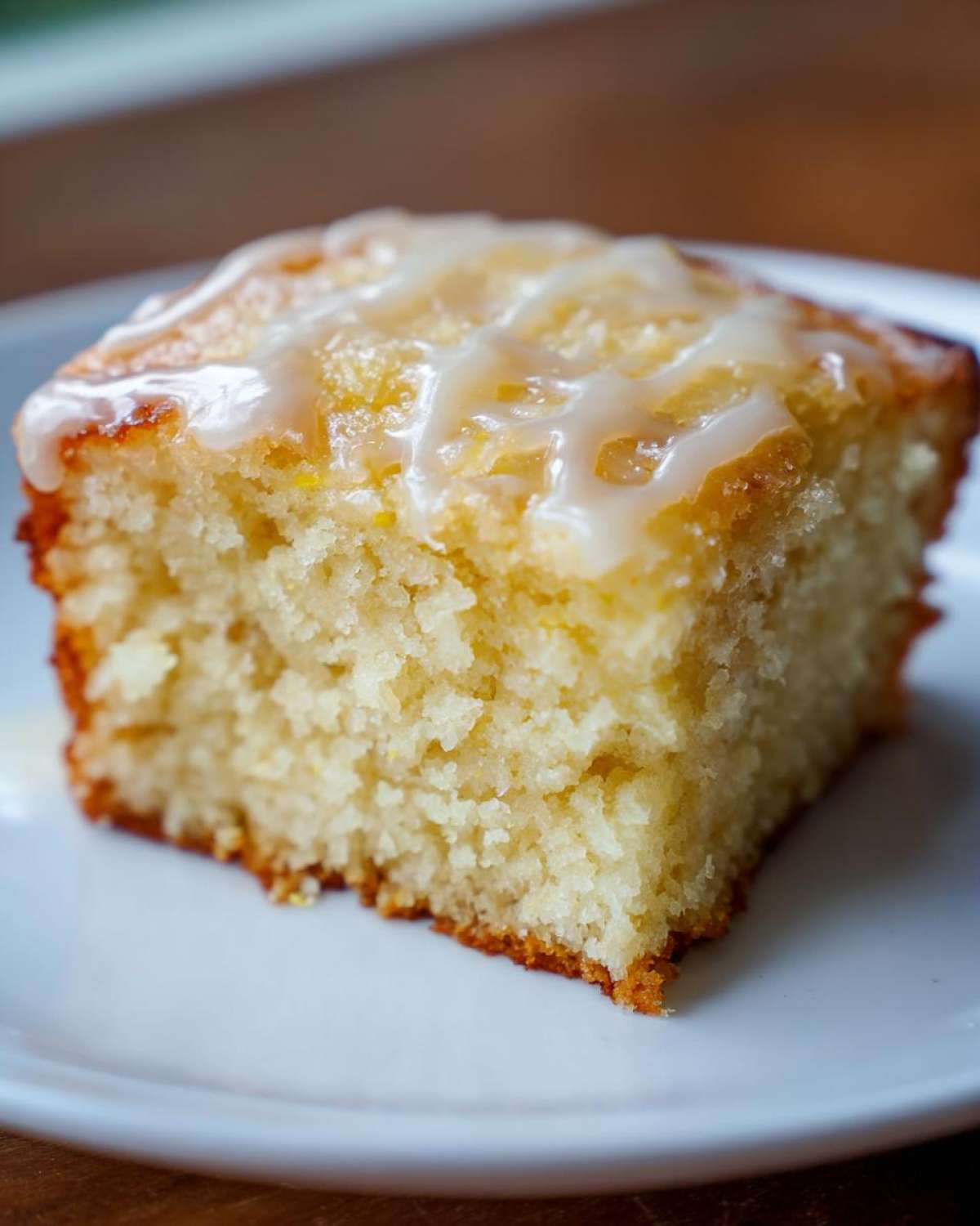 Close-up of a square slice of Starbucks Lemon Loaf Browned Butter Blondie with a thick lemon glaze on top.