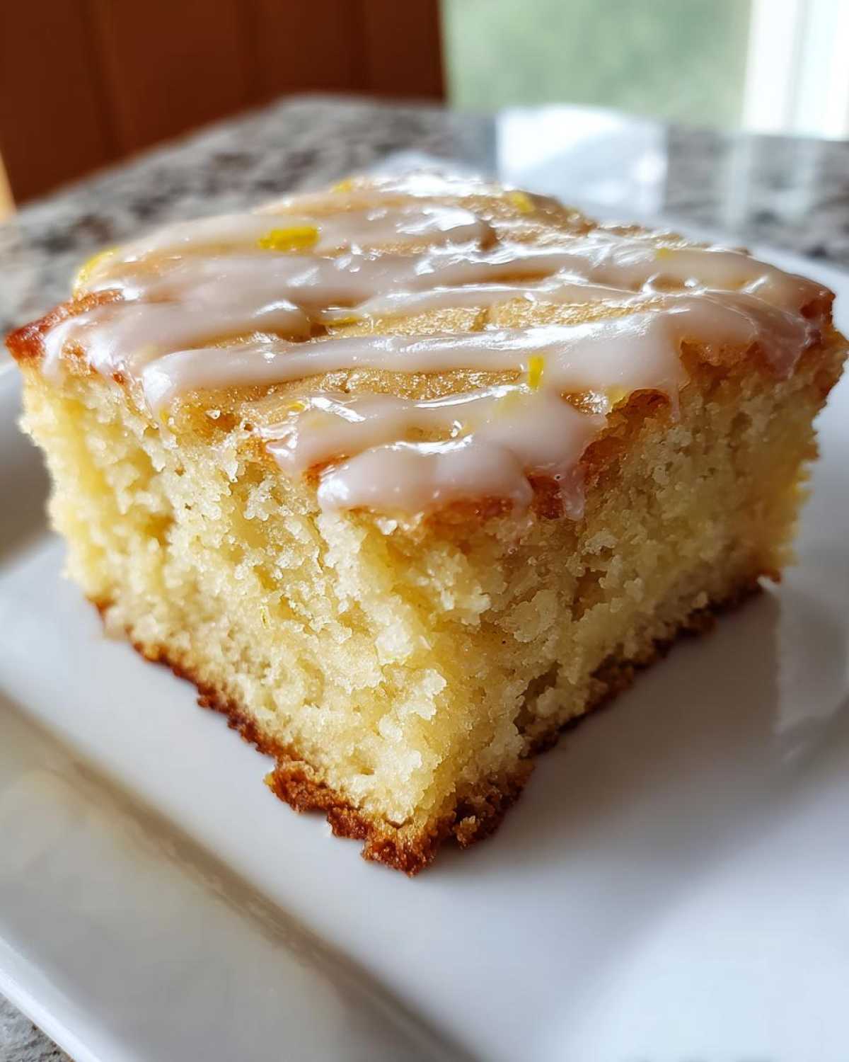 Close-up of a moist square slice of Starbucks Lemon Loaf Browned Butter Blondie topped with white lemon glaze and zest.