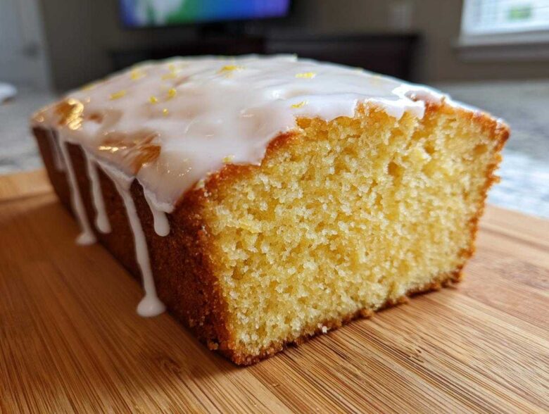 A close-up view of a freshly baked Starbucks Lemon Loaf, featuring a thick, dripping white glaze and lemon zest.