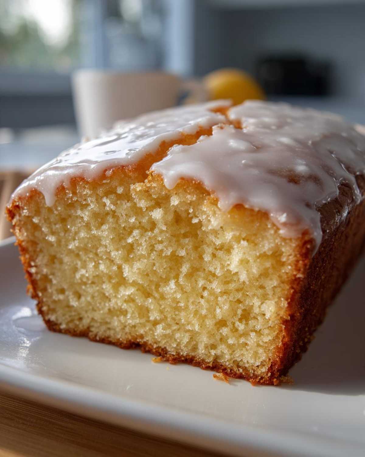 A close-up shot showing the moist crumb and thick white glaze of a Starbucks Lemon Loaf.