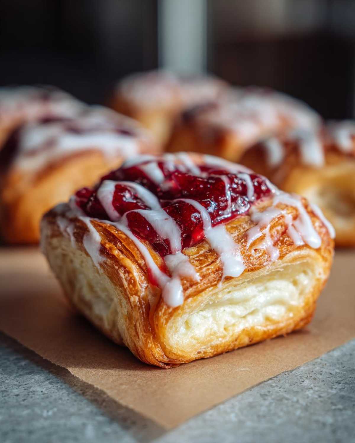 A close-up of a flaky Strawberry Cream Cheese Danish topped with bright red strawberry filling and white icing drizzle.