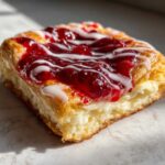A close-up, appetizing view of a single Strawberry Cream Cheese Danish topped with bright red strawberry filling and white icing drizzle.