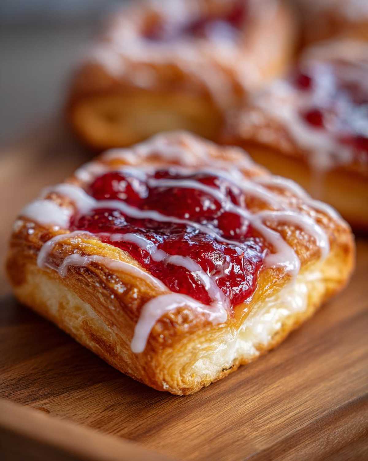 A close-up of a flaky Strawberry Cream Cheese Danish topped with bright red filling and white icing drizzle.