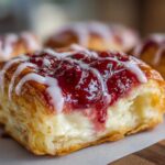 A close-up of a flaky Strawberry Cream Cheese Danish topped with bright red strawberry filling and white icing drizzle.