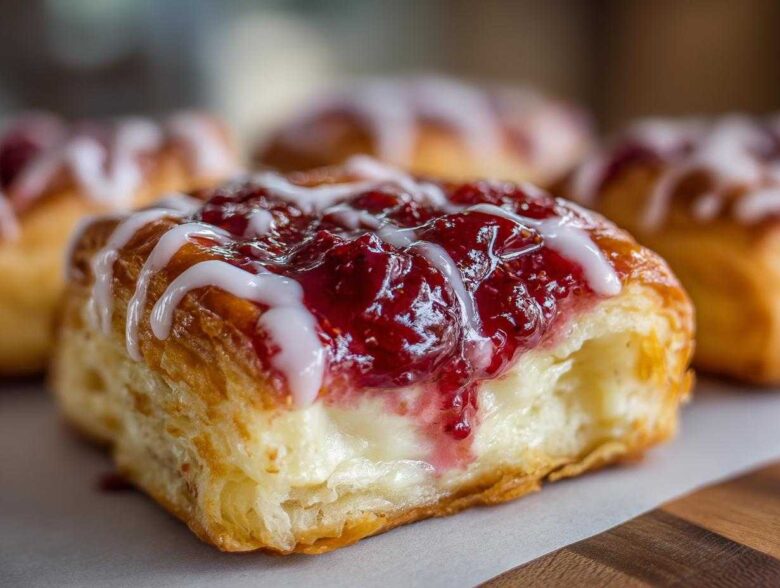 A close-up of a flaky Strawberry Cream Cheese Danish topped with bright red strawberry filling and white icing drizzle.