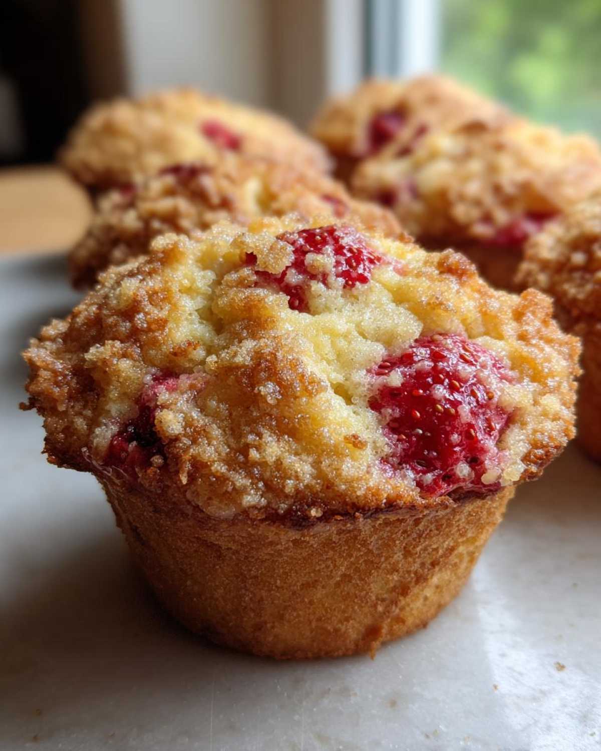 A close-up of a golden-brown Strawberry Shortcake Muffins featuring visible pieces of bright red strawberry and a sugary crumble topping.