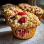 A close-up of a freshly baked Strawberry Shortcake Muffins featuring a golden crumb topping and visible strawberry pieces.