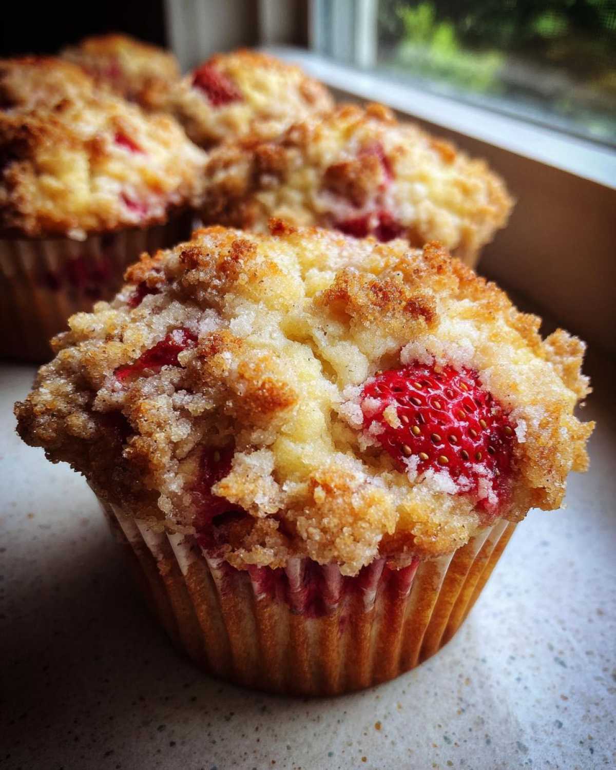 Close-up of a freshly baked Strawberry Shortcake Muffins featuring a bright red strawberry half and a golden brown sugar crumb topping.