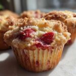 A close-up of a freshly baked Strawberry Shortcake Muffins featuring a crumbly streusel top and visible pieces of bright red strawberry.