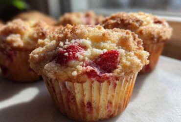 A close-up of a freshly baked Strawberry Shortcake Muffins featuring a crumbly streusel top and visible pieces of bright red strawberry.