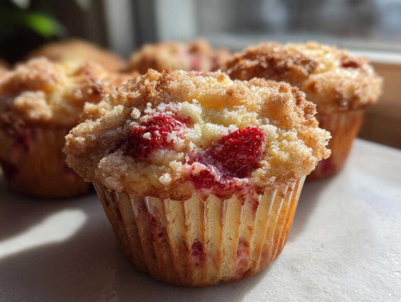 A close-up of a freshly baked Strawberry Shortcake Muffins featuring a crumbly streusel top and visible pieces of bright red strawberry.