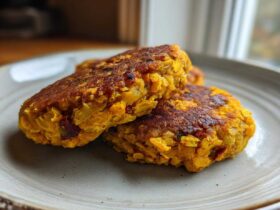 Close-up of two golden-brown Sweet Potato Lentil Patties stacked slightly on a light gray plate.