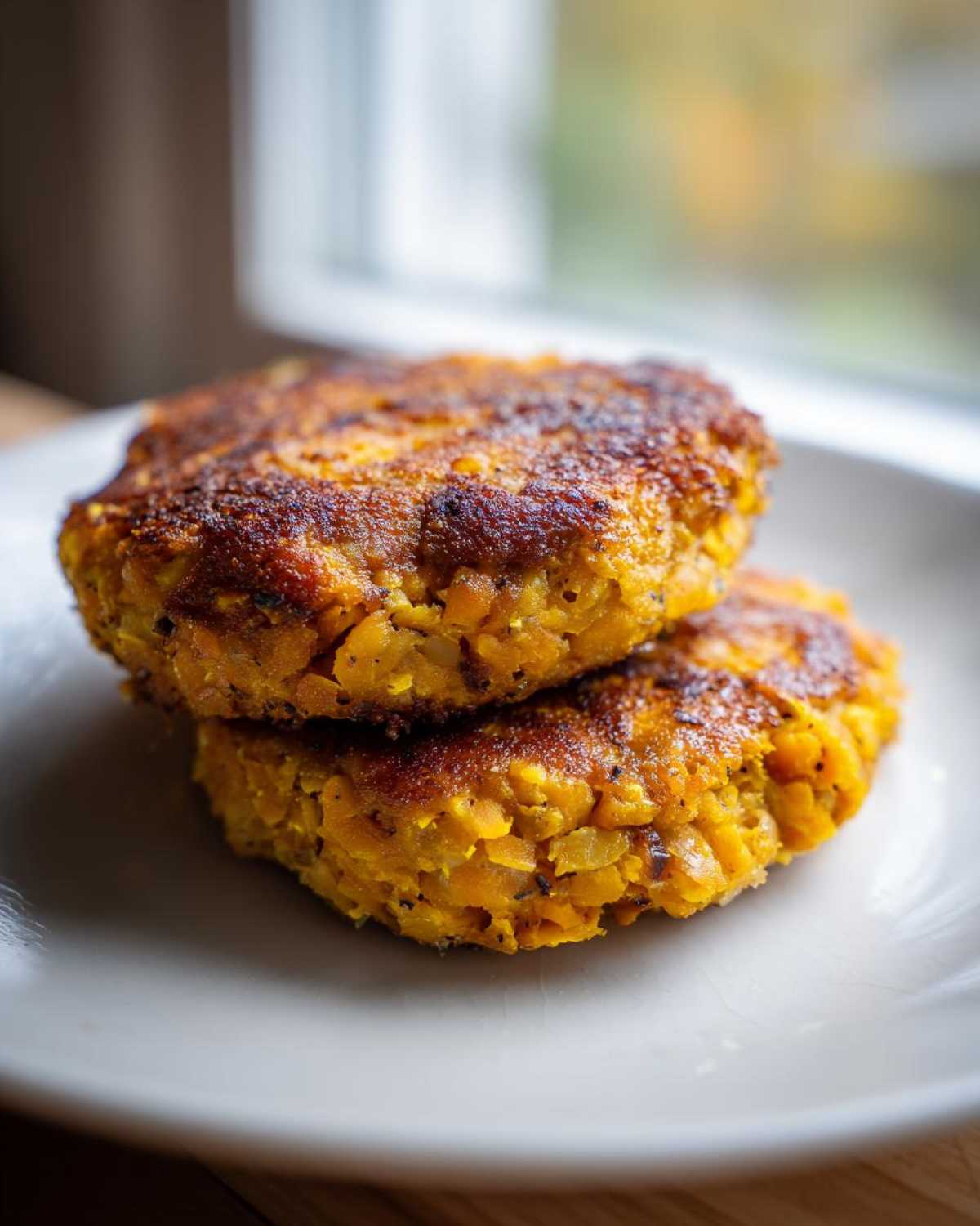 Two golden-brown, pan-fried Sweet Potato Lentil Patties stacked on a white plate.