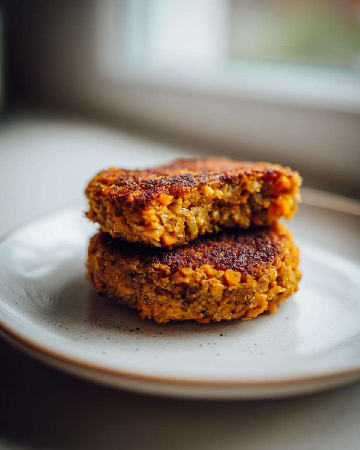 Close-up of two golden-brown Sweet Potato Lentil Patties stacked on a speckled white plate.