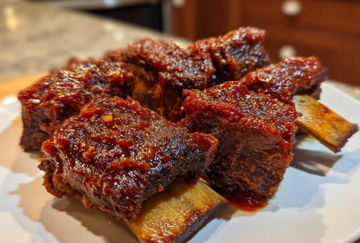 Close-up of four tender Crock Pot Short Ribs coated in a thick, glossy, dark red barbecue-style sauce.
