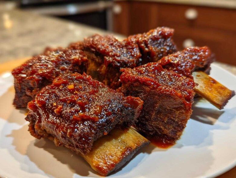Close-up of four tender Crock Pot Short Ribs coated in a thick, glossy, dark red barbecue-style sauce.
