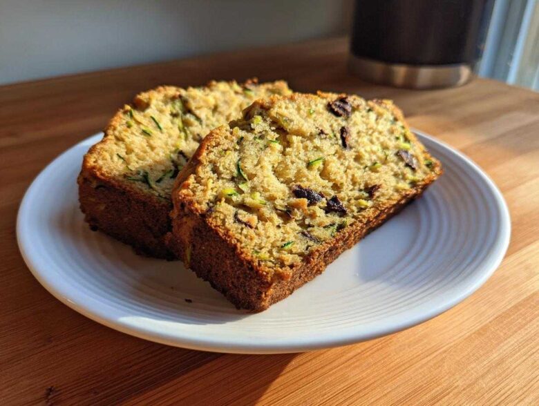 Two thick slices of moist Zucchini Bread, showing shredded zucchini and dark fruit pieces, served on a white plate.