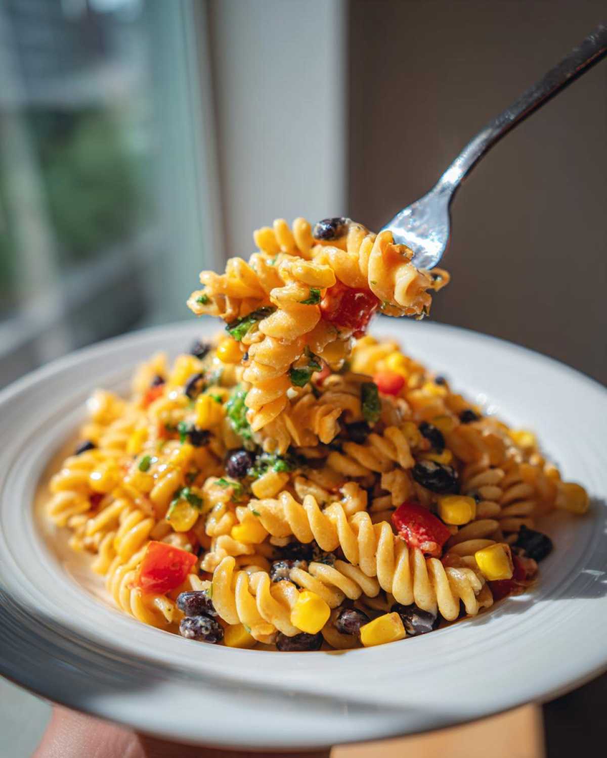 A fork lifts a bite of creamy Corn pasta salad mixed with black beans, corn, and tomatoes from a white bowl.