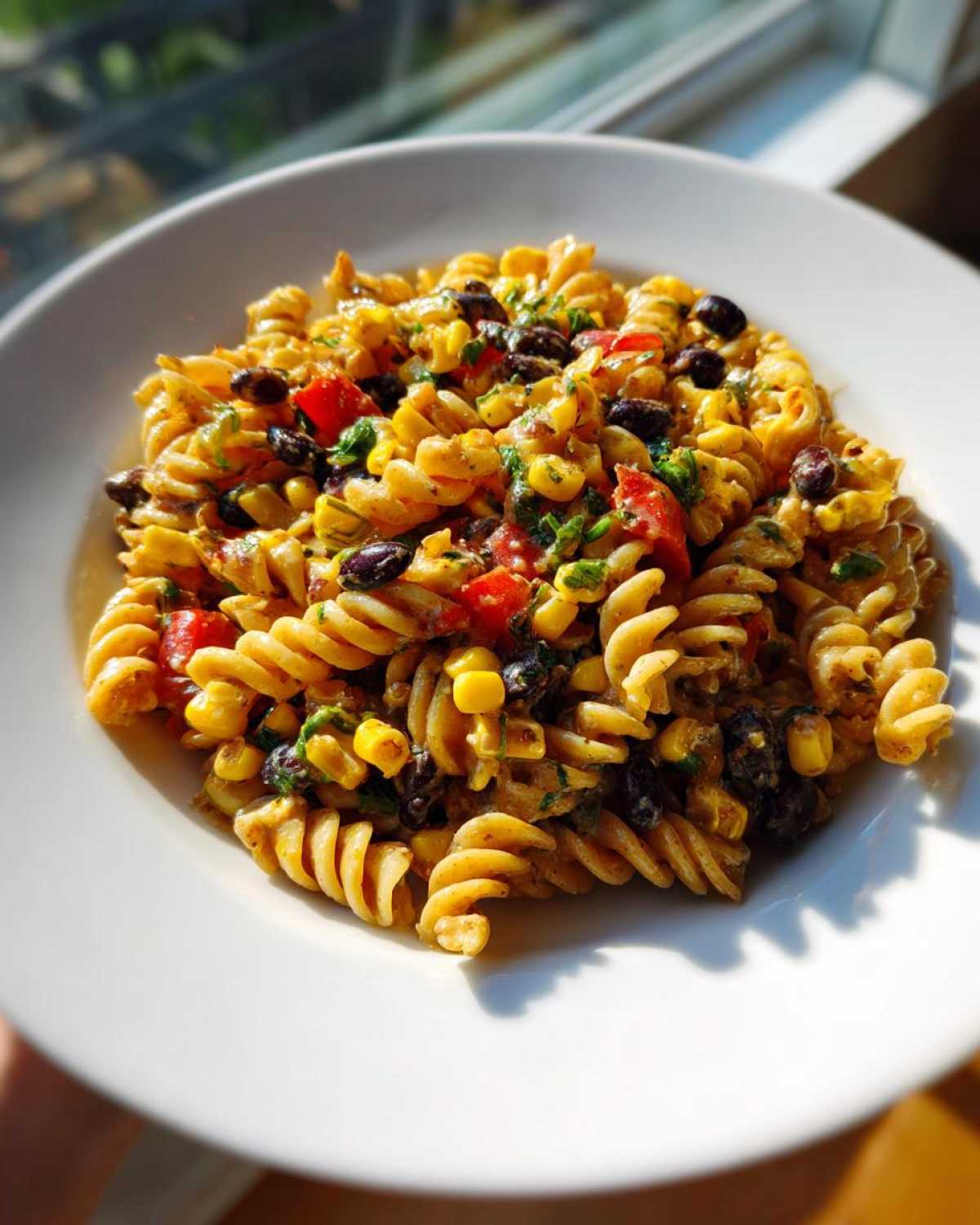 A close-up of a serving of vibrant corn pasta salad featuring fusilli, corn kernels, black beans, and diced tomatoes.