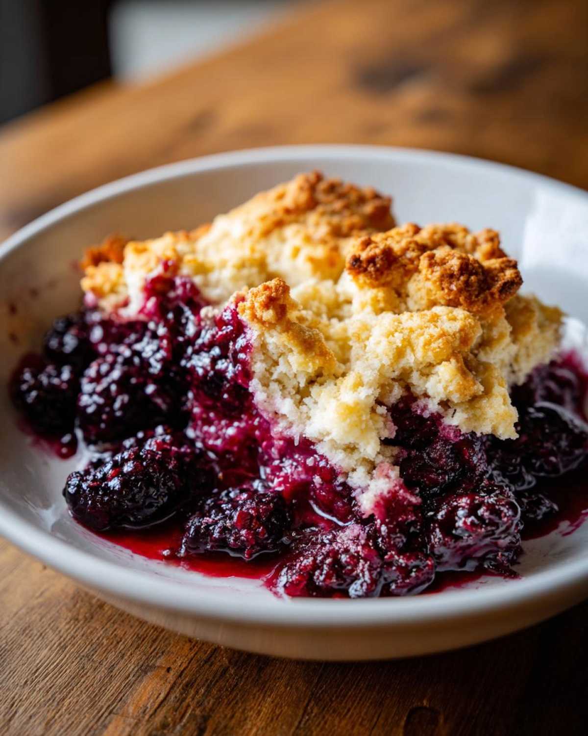 A close-up of a serving of warm Blackberry Cobbler with juicy, dark berries and a golden, crumbly topping in a white bowl.